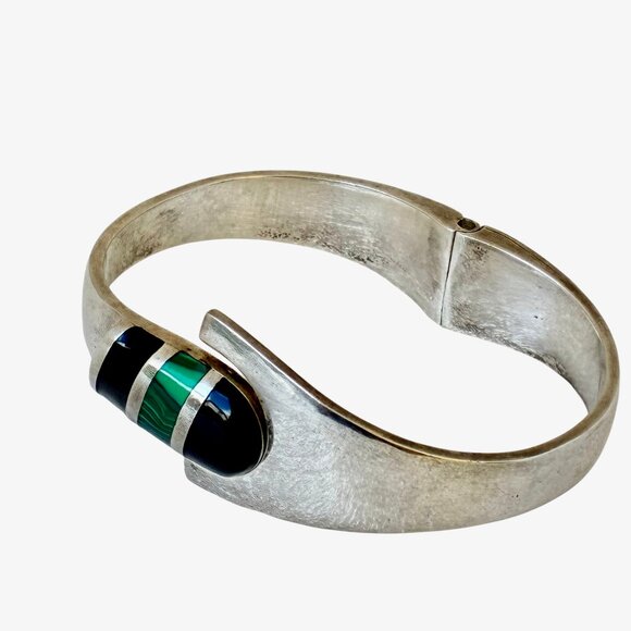 Sterling Silver 925 Bracelet Malachite + Onyx Hinged Bracelet Taxco Mexico 52 gr - Picture 13 of 16